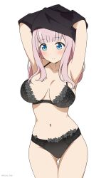  1girl absurdres anime_coloring armpits arms_up artist_name black_bra black_bracelet black_dress black_panties black_shirt blue_eyes blush bra breasts breasts_apart closed_mouth clothes_lift collarbone commentary coro_fae cowboy_shot dress dress_lift english_commentary flower_trim fujiwara_chika gluteal_fold highres kaguya-sama_wa_kokurasetai_~tensai-tachi_no_renai_zunousen~ large_breasts lifted_by_self lingerie long_hair looking_down navel official_style paid_reward_available panties pink_hair shirt shirt_lift simple_background solo standing stomach thigh_gap thighs underwear undressing white_background 