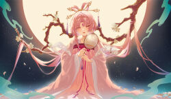  absurdly_long_hair absurdres blush bow-shaped_hair branch chinese_clothes chinese_commentary constellation_print earrings forehead_jewel franhill fu_xuan_(honkai:_star_rail) full_moon hair_flowing_over hair_ornament hairpin hand_fan hanfu highres holding holding_fan honkai:_star_rail honkai_(series) jewelry long_hair looking_at_viewer low_twintails moon night night_sky open_mouth petals pink_eyes pink_hair pink_hanfu red_ribbon ribbon single_earring sky tassel tuanshan twintails very_long_hair  rating:General score:10 user:danbooru
