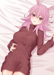 1girl blush breasts brown_dress brown_sweater dress elfenlied22 fate/grand_order fate_(series) head_wings highres hildr_(fate) large_breasts looking_at_viewer lying medium_hair on_back on_bed open_mouth pink_hair red_eyes ribbed_sweater solo sweater sweater_dress valkyrie_(fate) wings rating:Sensitive score:7 user:danbooru