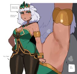  armpit_crease armpits bracelet breasts cleavage coconuts_(artist) dark-skinned_female dark_skin disgust english_text eyeshadow jewelry large_breasts league_of_legends makeup qiyana_(league_of_legends) short_hair thick_thighs thighs tiara translated white_hair  rating:Sensitive score:27 user:WhiteZekrom