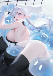  blue_eyes blush breasts grey_hair halo_sweety highres horns large_breasts long_hair looking_at_viewer lying mole mole_under_eye nonoji_(nonoji1215) one_eye_closed open_mouth pointy_ears single_horn slime_(creature) virtual_youtuber wink  rating:Questionable score:11 user:cheesy_pizza