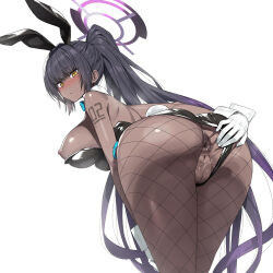  1girl animal_ears anus ass bare_shoulders bent_over black_hair black_leotard blue_archive blush breasts cleft_of_venus curvy dark-skinned_female dark_skin detached_collar fake_animal_ears fishnet_pantyhose fishnets gloves halo highleg highleg_leotard huge_ass karin_(blue_archive) karin_(bunny)_(blue_archive) large_breasts leotard long_hair looking_at_viewer looking_back munashi_mujou nipples pantyhose playboy_bunny ponytail presenting pussy rabbit_ears sidelocks solo spread_ass thighs very_long_hair white_gloves wide_hips yellow_eyes 
