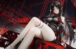 1girl absurdres arknights black_hair black_nails black_shirt black_skirt breasts feet_out_of_frame highres horns ines_(arknights) large_breasts long_hair looking_at_viewer omone_hokoma_agm scaffolding shirt sitting skirt solo thigh_strap thighs very_long_hair yellow_eyes rating:Sensitive score:27 user:danbooru