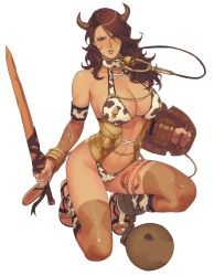10s 1girl alternate_costume animal_print ball_and_chain_restraint battle_damage bdsm bell branwen_(queen&#039;s_blade) breasts chipped_shield chipped_sword cleavage collar cow_print cracked_shield cracked_sword damaged_ball_and_chain_restraint damaged_shield damaged_sword damaged_weapon heterochromia highres horns kneeling large_breasts leash long_hair midriff navel neck_bell oda_non on_one_knee queen&#039;s_blade queen&#039;s_blade_rebellion revealing_clothes sandals scan scratched_sword shield slave solo sword thighhighs weapon rating:Questionable score:95 user:deltaonix