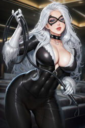  1girl black_bodysuit black_cat_(marvel) black_choker blue_eyes blue_eyeshadow bodysuit breasts choker cleavage contrapposto domino_mask eyeshadow felicia_hardy fur-trimmed_gloves fur_trim gloves highres holding holding_whip large_breasts licking_lips lips long_hair looking_at_viewer makeup marvel mask neoartcore skin_tight solo spider-man_(series) tongue tongue_out white_gloves white_hair 