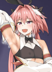 1boy animal_ears arm_up armpits astolfo_(fate) astolfo_(saber)_(fate) black_bow black_bowtie blush bow bowtie fang fate/grand_order fate_(series) gold_trim hair_intakes heart heart-shaped_pupils highres long_hair male_focus pink_eyes pink_hair rabbit_ears skin_fang smell smile solo sweat symbol-shaped_pupils trap rating:Sensitive score:52 user:FabricioDias