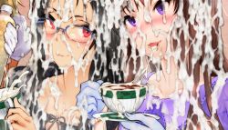  2girls black_hair blush bottle brown_hair bukkake coffee cum cum_in_container cum_in_cup cum_in_mouth cum_on_body cum_on_clothes cum_on_food cum_on_eyewear cum_on_hair cum_on_tongue cum_on_upper_body cum_string cumdrip cup dokiyuri facial glasses gloves holding holding_cup juice long_hair multiple_girls open_mouth original purple_eyes saucer smile solo_focus teacup tongue tongue_out  rating:Explicit score:91 user:danbooru