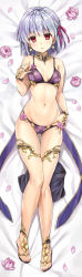  1girl anklet bare_shoulders bed_sheet bikini blush breasts cleavage collarbone dakimakura_(medium) earrings fate/grand_order fate_(series) floral_print flower groin hair_ribbon highres jewelry kama_(fate) kama_(first_ascension)_(fate) koyuki_(kotatsu358) looking_at_viewer lotus lying medium_breasts navel on_back parted_lips petals pink_flower purple_bikini red_eyes red_ribbon ribbon sandals short_hair silver_hair skindentation small_breasts solo swimsuit thigh_gap thighlet thighs toes  rating:Sensitive score:29 user:danbooru