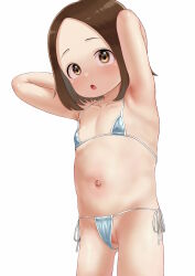  1girl :o areola_slip armpits arms_behind_head arms_up atg_(wttoo0202) bikini blush brown_eyes brown_hair censored collarbone commentary_request flat_chest forehead grey_bikini groin karakai_jouzu_no_(moto)_takagi-san karakai_jouzu_no_takagi-san loli looking_at_viewer mosaic_censoring navel nishikata_chii parted_bangs pussy pussy_peek side-tie_bikini_bottom simple_background solo standing swimsuit white_background  rating:Explicit score:116 user:danbooru