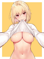  1girl arcueid_brunestud areola_slip blonde_hair blush breasts clothes_lift cocq_taichou commentary_request large_breasts long_sleeves looking_at_viewer mouth_hold navel no_bra orange_background red_eyes short_hair simple_background smile solo sweater tsukihime turtleneck turtleneck_sweater two-tone_background underboob white_background white_sweater  rating:Questionable score:114 user:danbooru