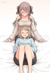  2girls absurdres artist_name betock black_ribbon black_shorts blue_sweater blush breast_rest breasts brown_hair brown_sweater closed_eyes collarbone commentary_request drooling grey_hair highres lap_pillow long_hair long_sleeves mouth_drool multiple_girls nervous_sweating off-shoulder_sweater off_shoulder open_mouth original ribbon seiza short_hair shorts sidelocks sitting sleeves_past_wrists spaghetti_strap sweat sweater two_side_up yuri 