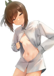  1girl blush breasts brown_eyes brown_hair buttons collared_shirt commentary_request i-401_(kancolle) kantai_collection long_sleeves navel ponytail sakieko shirt short_hair simple_background small_breasts smile solo upper_body white_background white_shirt 