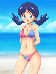 1girl arms_behind_back beach bikini blue_eyes blue_hair blue_sky blush body_blush breasts cleavage collarbone creatures_(company) earrings game_freak highres jewelry kris_(pokemon) looking_at_viewer medium_breasts multicolored multicolored_bikini multicolored_clothes nintendo open_mouth pokemon pokemon_adventures sky smile solo swimsuit takappe twintails underboob