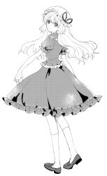  1girl closed_mouth dress frilled_dress frills from_behind full_body greyscale hat heel_up highres kneehighs loafers long_hair looking_at_viewer looking_back mob_cap monochrome puffy_short_sleeves puffy_sleeves screentones shoes short_sleeves simple_background socks solo standing torii_sumi touhou white_background yakumo_yukari 