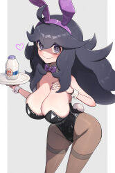  1girl @_@ absurdres ahoge alternate_costume animal_ears bare_shoulders black_hair black_leotard bottle breasts brown_pantyhose cleavage closed_mouth commentary_request creatures_(company) curvy fake_animal_ears fake_tail game_freak gonzarez hair_between_eyes hex_maniac_(pokemon) highleg highleg_leotard highres holding holding_tray large_breasts leotard long_hair milk milk_bottle moomoo_milk nintendo pantyhose playboy_bunny pokemon pokemon_xy purple_eyes purple_hair rabbit_ears rabbit_tail shiny_clothes smile solo strapless strapless_leotard tail thighs tray wide_hips wrist_cuffs  rating:Sensitive score:48 user:RIG
