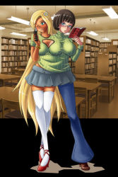  2girls blonde_hair blue_eyes blush book breasts brown_hair conjoined extra_breasts extra_limbs female_focus freckles full_body gamera_(artist) glasses hair_ornament high_heels indoors large_breasts library long_hair miniskirt multiple_girls multiple_limbs original pants shoes short_hair skirt smile standing thighhighs three_breasts very_long_hair  rating:Sensitive score:36 user:Mylon