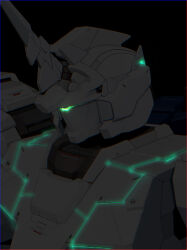  absurdres armor aron_e backpack bag black_background commentary dark facing_ahead glowing gundam gundam_unicorn highres horns mecha mobile_suit no_humans nt-d robot science_fiction simple_background single_horn unicorn_gundam upper_body white_armor white_horns 