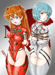 2girls adapted_costume amiba00 aqua_hair arms_behind_back ass ayanami_rei bdsm blue_eyes blue_hair bondage bound breasts breasts_apart brown_hair cowboy_shot crotch_rope female_focus gradient_background grey_background impossible_clothes impossible_leotard interface_headset legs_together leotard looking_at_viewer looking_back multiple_girls neon_genesis_evangelion open_mouth plugsuit red_eyes red_leotard shibari simple_background small_breasts souryuu_asuka_langley standing rating:Questionable score:74 user:St._Araqiel