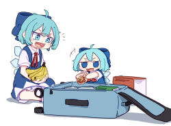  2girls absurdres ahoge aqua_eyes aqua_hair banana blue_bow blue_dress blue_eyes blue_wings blush_stickers bow cirno commentary_request dress food fruit full_body fumo_(doll) hair_bow highres holding holding_food holding_fruit kame_(kamepan44231) looking_down multiple_girls neck_ribbon notice_lines open_mouth pinafore_dress red_ribbon ribbon rolling_suitcase shirt short_hair short_sleeves simple_background sitting sketch sleeveless sleeveless_dress suitcase touhou white_background white_shirt wings 