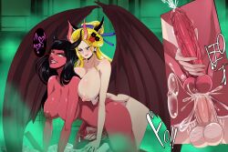  2girls absurdres all_fours anal biting black_hair black_maria_(one_piece) blonde_hair blunt_bangs breasts colored_skin completely_nude cum cum_in_ass demon demon_girl demon_horns doggystyle ejaculating_while_penetrated ejaculation erection fangs feet_out_of_frame from_behind futa_with_futa futanari giant giantess green_background hana_hana_no_mi handjob heart highres horns huge_breasts large_breasts large_penis large_wings lips long_hair looking_at_another multiple_girls nico_robin nico_robin_(post-timeskip) nipples nose nude official_alternate_costume one_piece oni_horns open_mouth orange_eyes orgasm penis purple_lips reach-around red_skin sex sex_from_behind spoken_heart testicles the_amazing_gambit thick_thighs thighs tongue transformation tsurime uncensored veins veiny_penis wanokuni  rating:Explicit score:137 user:db_nightcore