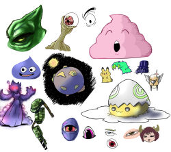 character_request creatures_(company) digimon digimon_(creature) dragon_quest egg eggshell eggshell_hat game_freak gen_1_pokemon lilithmon looking_at_viewer mark_of_evil nintendo pikachu pokemon pokemon_(creature) scat slime_(dragon_quest) smile snot yolkmon