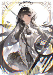 1girl absurdres antenna_hair arknights artist_name ascot backlighting belt belt_buckle belt_pouch black_ascot black_belt black_garter_straps black_gloves black_hair black_halo black_pouch black_skirt black_sleeves black_thighhighs black_wings blunt_bangs blurry blurry_background blurry_foreground bow_(music) breasts broken_halo buckle card card_background cello character_name chinese_commentary chinese_text chromatic_aberration closed_mouth collared_jacket commentary_request cowboy_shot dark_halo depth_of_field detached_wings dress_shirt energy_wings eyelashes garter_straps gloves grey_shirt halftone halftone_background halo hand_on_own_cheek hand_on_own_face hand_up highres hime_cut holding holding_bow_(music) holding_instrument holding_violin instrument jacket layered_sleeves light_particles lips long_hair long_sleeves looking_at_viewer medium_breasts mikov_(weibo_2527573694) miniskirt mole mole_under_eye pleated_skirt polka_dot pouch shirt short_over_long_sleeves short-sleeved_jacket short_sleeves sidelocks signature skirt smile solo staff_(music) standing thighhighs very_long_hair violin virtuosa_(arknights) watermark weibo_logo weibo_watermark white_background white_belt white_jacket wide_sleeves wings zettai_ryouiki