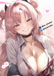  1girl black_choker black_hairband black_horns blue_archive bluesky_username blush breasts bust_cup choker cleavage collarbone collared_shirt commentary_request demon_horns double_bun fake_horns grin hair_bun hairband halo heart horns huge_breasts jewelry juurouta kirara_(blue_archive) long_hair looking_at_viewer loose_neck_ribbon neck_ribbon necklace pink_eyes pink_hair pink_halo pink_lips red_ribbon ribbon shirt smile solo spoken_heart steaming_body sweat teeth twitter_username two_side_up white_background white_shirt 