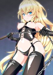  1girl blonde_hair blue_eyes bondage_outfit breastless_clothes breasts breasts_out chain dominatrix earrings female_focus frown gloves jewelry latex latex_gloves long_hair looking_at_viewer medium_breasts navel neko_totora nipples shiny_skin shironeko_project solo zipper_panties 