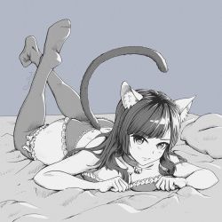  1girl animal_ears bell blue_theme bra breasts cat_ears cat_tail cleavage collar frilled_bra frilled_panties frilled_thighhighs frills lingerie long_hair looking_at_viewer lying monochrome neck_bell on_stomach original panties pillow raiine_rand solo tail thighhighs underwear underwear_only 