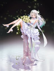  1girl :d aqua_hair bare_shoulders blue_eyes blue_pupils bouquet breasts choker cleavage double-parted_bangs dress elbow_gloves firefly_(honkai:_star_rail) flower full_body gloves gradient_hair grey_hair hair_intakes hair_ornament hair_ribbon hairband high_heels highres holding holding_bouquet honkai:_star_rail honkai_(series) kan_qianhuilan knees_up long_hair looking_at_viewer multicolored_eyes multicolored_hair on_stool open_mouth ribbon sitting smile solo stool wedding_dress white_choker white_dress white_flower white_footwear white_gloves white_hairband white_ribbon yellow_eyes 