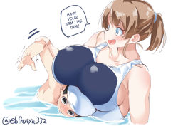 1boy 1girl admiral_(kancolle) age_difference black_eyes black_hair blue_eyes blush breast_rest breasts breasts_on_head brown_hair closed_mouth commentary_request competition_swimsuit ebifurya hard-translated huge_breasts intrepid_(kancolle) kantai_collection little_boy_admiral_(kancolle) one-piece_swimsuit open_mouth partially_submerged ponytail short_hair simple_background swim_cap swimming swimsuit third-party_edit translated white_background rating:Sensitive score:43 user:StolenTranslations