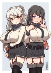  2girls absurdres artist_name belt black_belt black_hair black_sailor_collar black_shirt black_skirt black_thighhighs blush breasts brown_eyes closed_mouth collared_shirt colored_inner_hair conte_di_cavour_(kancolle) cosplay fang garter_straps grey_hair highres jacket kantai_collection large_breasts long_hair long_sleeves looking_at_viewer multicolored_hair multiple_girls naganami_(kancolle) namaata noshiro_(kancolle) noshiro_(kancolle)_(cosplay) noshiro_kai_ni_(kancolle) noshiro_kai_ni_(kancolle)_(cosplay) pink_hair pleated_skirt sailor_collar shirt signature skin_fang skirt smile thighhighs white_jacket yellow_eyes 
