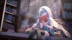  1girl bed_sheet blue_eyes book book_stack bookshelf commentary english_commentary hatsune_miku holding holding_book indoors ladder library long_hair nashinome_(y5wlht) necktie reading shirt silk sitting sleeveless sleeveless_shirt solo spider_web sunlight thighhighs twintails very_long_hair vocaloid 