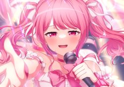  1girl absurdres bang_dream! bare_shoulders blurry blush choker collarbone commentary_request depth_of_field detached_sleeves dress hair_ribbon highres holding holding_microphone idol idol_clothes long_hair looking_at_viewer maruyama_aya meu203 microphone open_mouth pink_choker pink_eyes pink_hair reaching reaching_towards_viewer ribbon solo strapless strapless_dress teeth twintails upper_body upper_teeth_only white_ribbon 