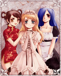 3girls blonde_hair blush bow brown_eyes brown_hair china_dress chinese_clothes choker dress earrings elbow_gloves flat_chest framed gloves green_eyes hair_ornament hair_over_one_eye hairband hairclip interlocked_fingers jewelry lace long_hair messiah_cage multiple_girls one_eye_closed own_hands_clasped own_hands_together paper purple_hair ribbon short_hair short_twintails smile standing twintails wink yellow_eyes rating:Sensitive score:7 user:danbooru