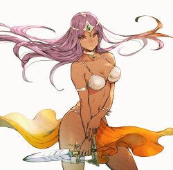  1girl breasts circlet dagger dark-skinned_female dark_skin dragon_quest dragon_quest_iv floating_hair forehead_jewel highres holding holding_dagger holding_knife holding_weapon knife kuroimori long_hair looking_at_viewer manya_(dq4) medium_breasts metal_bikini navel pelvic_curtain purple_hair red_eyes simple_background solo weapon white_background 