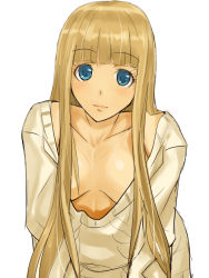  1girl blue_eyes blush breasts brown_hair downblouse light_blush long_hair looking_at_viewer medium_breasts morozou no_bra original simple_background solo sweater white_background 