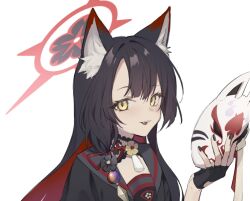 1girl animal_ear_fluff animal_ears black_gloves black_hair black_nails blue_archive colored_inner_hair fangs fingerless_gloves flower flower_brooch fox_ears fox_girl fox_mask from_side gloves hair_between_eyes hair_flower hair_ornament hair_ribbon hakuhatsu halo holding holding_mask japanese_clothes long_hair looking_at_viewer mask multicolored_hair parted_lips portrait red_hair red_ribbon ribbon simple_background smile solo two-tone_hair wakamo_(blue_archive) white_background yellow_eyes rating:General score:3 user:danbooru