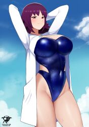  1girl arms_behind_head blue_one-piece_swimsuit blush breasts brown_eyes cleavage closed_mouth cloud covered_navel creatures_(company) curvy day game_freak highleg highleg_swimsuit highres jewelry kaos_art lab_coat large_breasts looking_at_viewer necklace nintendo one-piece_swimsuit outdoors philena_ivy pokemon pokemon_(anime) pokemon_(classic_anime) purple_eyes purple_hair seductive_smile shiny_skin short_hair sky smile solo strapless swimsuit thighs wide_hips  rating:Sensitive score:36 user:danbooru