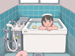  1girl bath_stool bathing bathroom bathtub black_hair brown_eyes drain_(object) faucet hare_(tsooy18pjwdw21h) indoors loli looking_at_viewer open_mouth original partially_submerged rubber_duck short_hair shower_head solo stool tile_floor tile_wall tiles towel towel_on_head water water_heater window 
