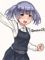  1girl arm_up black_dress clenched_hand collared_shirt cowboy_shot dress dress_shirt grey_hair highres kantai_collection maakun_(makun_dx) medium_hair one-hour_drawing_challenge ooshio_(kancolle) open_mouth pinafore_dress purple_eyes round_teeth school_uniform shirt short_twintails simple_background sleeveless sleeveless_dress solo teeth twintails twitter_username upper_teeth_only white_background white_shirt 