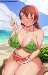  1girl absurdres alternate_hairstyle artist_name azure_monarch bare_shoulders beach bikini breasts cheek_bulge cleavage closed_eyes cloud curvy drill_hair drooling eating emma_verde food food_on_body food_on_breasts freckles fruit green_bikini highres holding holding_food huge_breasts jewelry kneeling light_rays love_live! love_live!_nijigasaki_high_school_idol_club navel necklace ocean outdoors saliva saliva_trail sand shadow signature sky solo spoon swimsuit thick_thighs thighhighs thighs twin_drills water watermelon 