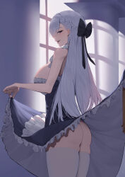  1girl absurdres ass azur_lane bare_arms bare_shoulders belfast_(azur_lane) breasts commentary dress english_commentary from_behind hair_ornament highres indoors large_breasts long_hair looking_at_viewer lordol parted_lips smile solo thighhighs thighs white_hair white_thighhighs 