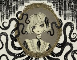  1girl bags_under_eyes black_dress black_eyes black_ribbon closed_mouth commentary dress eleanor_(ohmyeleanor) english_commentary expressionless frilled_dress frills gem gothic_lolita grey_background hair_ribbon highres lolita_fashion looking_at_viewer mirror monochrome neck_ribbon official_art ribbon short_hair solo tentacles unrequited_love_and_he_who_sleeps_beneath_(vocaloid) victorian vocaloid white_background white_hair 