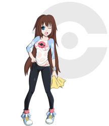  10s blue_eyes brown_hair creatures_(company) game_freak long_hair nintendo open_mouth pantyhose pokemon pokemon_bw2 rosa_(pokemon) see-through simple_background twintails wet white_background  rating:Sensitive score:30 user:NonkiDraw