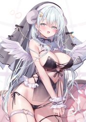  1girl :d ame_usari bare_shoulders black_panties blush bow bow_panties breasts cleavage commentary_request cowboy_shot crescent crescent_hair_ornament cross cross_earrings earrings feathers grey_eyes grey_hair hair_between_eyes hair_ornament hairclip heart heart-shaped_pupils highres horns jewelry large_breasts latin_cross looking_at_viewer open_mouth original own_hands_together panties side-tie_panties smile solo symbol-shaped_pupils underwear veil white_feathers window wrist_cuffs 