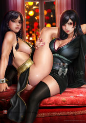  2girls alternate_costume alternate_hairstyle ass black_hair black_thighhighs bracelet braid breasts capcom chun-li cleavage crossover final_fantasy final_fantasy_vii final_fantasy_vii_remake japanese_clothes jewelry leg_lift long_hair looking_at_viewer multiple_girls official_alternate_costume sideboob smile spiked_bracelet spikes square_enix street_fighter street_fighter_v thighhighs thighs tifa_lockhart tifa_lockhart_(exotic_dress) toned twin_braids wall_market watermark web_address yq_(yiqiang)  rating:Sensitive score:65 user:danbooru