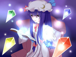 1girl bad_id bad_pixiv_id card casting_spell chair couch crystal light_bulb patchouli_knowledge purple_background solo spell spell_card standing touhou yuu_(yuem) rating:Sensitive score:0 user:danbooru