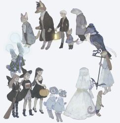  1boy 5girls absurdres animal arms_behind_back bandages bandages_over_eyes barefoot bat_(animal) black_capelet black_dress black_footwear black_hair black_hat black_jacket black_pantyhose black_sleeves bloomers blue_coat blue_dress blue_sleeves blunt_bangs book boots bouquet bridal_veil bride broom brown_hair brown_jacket brown_sleeves bucket capelet cat checkered_clothes checkered_dress circle clothed_animal coat coattails collared_dress collared_jacket collared_shirt cross dress flower fox frilled_dress frills from_behind grey_jacket grey_pants grey_sleeves halloween halloween_bucket hat hat_on_back head_wreath highres holding holding_book holding_bouquet holding_broom holding_bucket holding_cross holding_lantern jacket lantern lizard long_dress long_hair long_sleeves multiple_girls necktie orange_necktie original pants pantyhose pointy_footwear puffy_sleeves purple_dress rabbit red_scarf scarf shirt short_dress simple_background striped_clothes striped_dress striped_pantyhose tono_(rt0no) top_hat two-tone_dress underwear veil vertical-striped_clothes vertical-striped_dress wedding_dress white_background white_bloomers white_coat white_dress white_footwear white_hair white_shirt white_sleeves witch witch_hat 