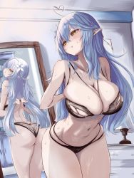1girl :t absurdres ahoge alternate_breast_size ass bare_arms bare_shoulders black_bra black_panties blue_hair bra breasts cleavage flower hair_flower hair_ornament half_updo heart heart_ahoge highres hololive indoors large_breasts long_hair looking_back mirror navel ontama_(artbox186) panties pointy_ears pout reflection solo standing sweat torn_clothes underwear underwear_only very_long_hair virtual_youtuber white_flower yellow_eyes yukihana_lamy rating:Sensitive score:66 user:danbooru
